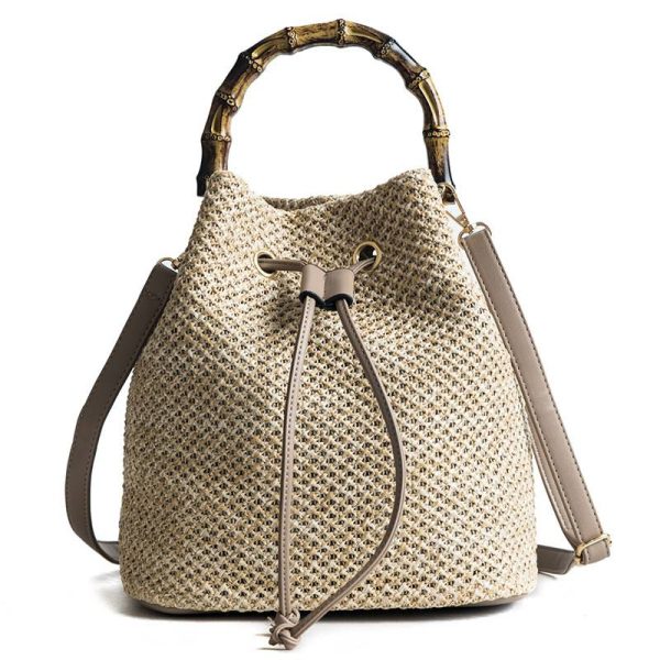 Jute Crossbody Bag Bucket Handbags With Bamboo Handle