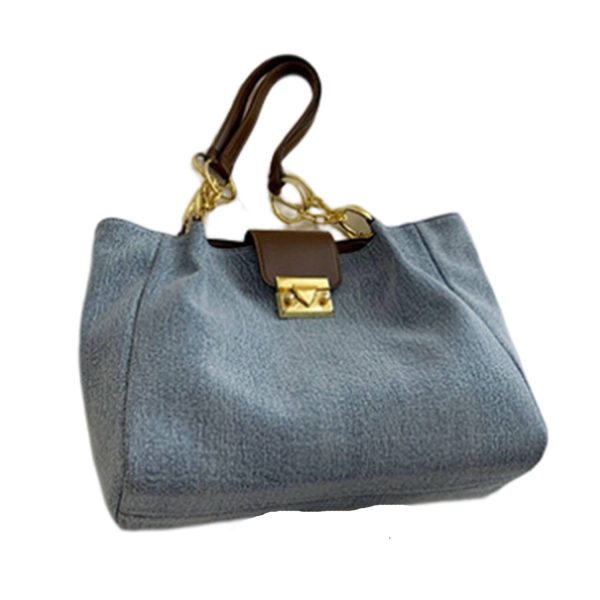 Large capacity denim fabric bag with metal chain