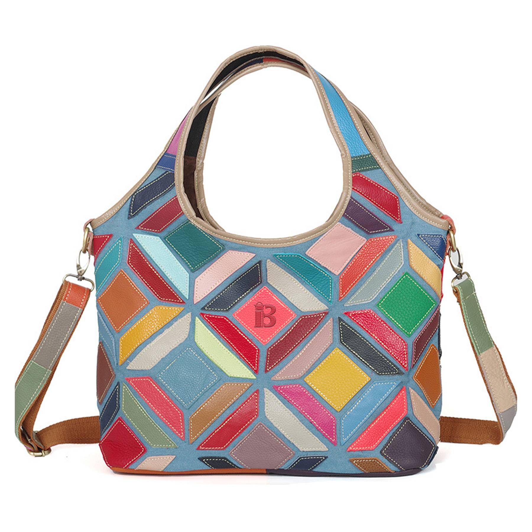 Genuine Leather Colourful hand-paneled shoulder tote bag
