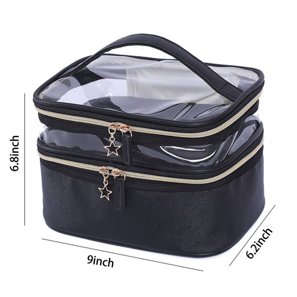 PU Leather Black Double Layer Cosmetic Bag