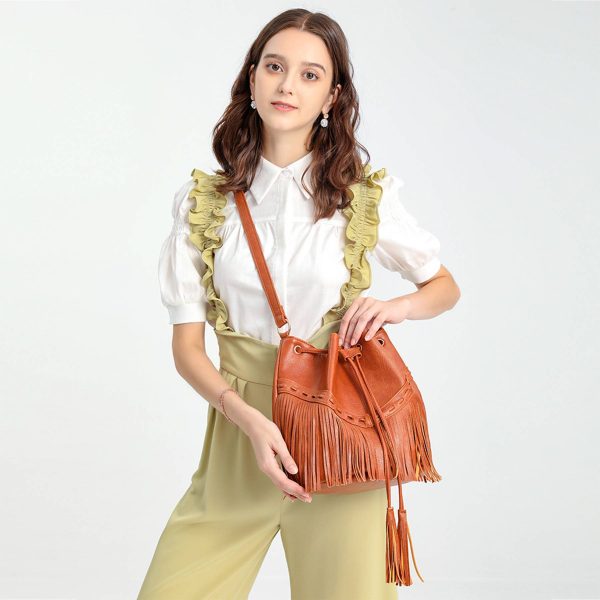 PU leather Drawstring Purse Tassel Crossbody Shoulder Bag