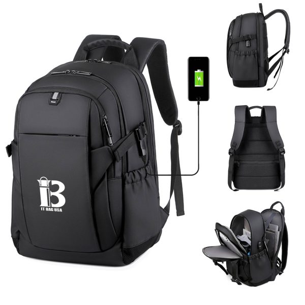 USB Nylon Waterproof Black Backpack for Men and Women
