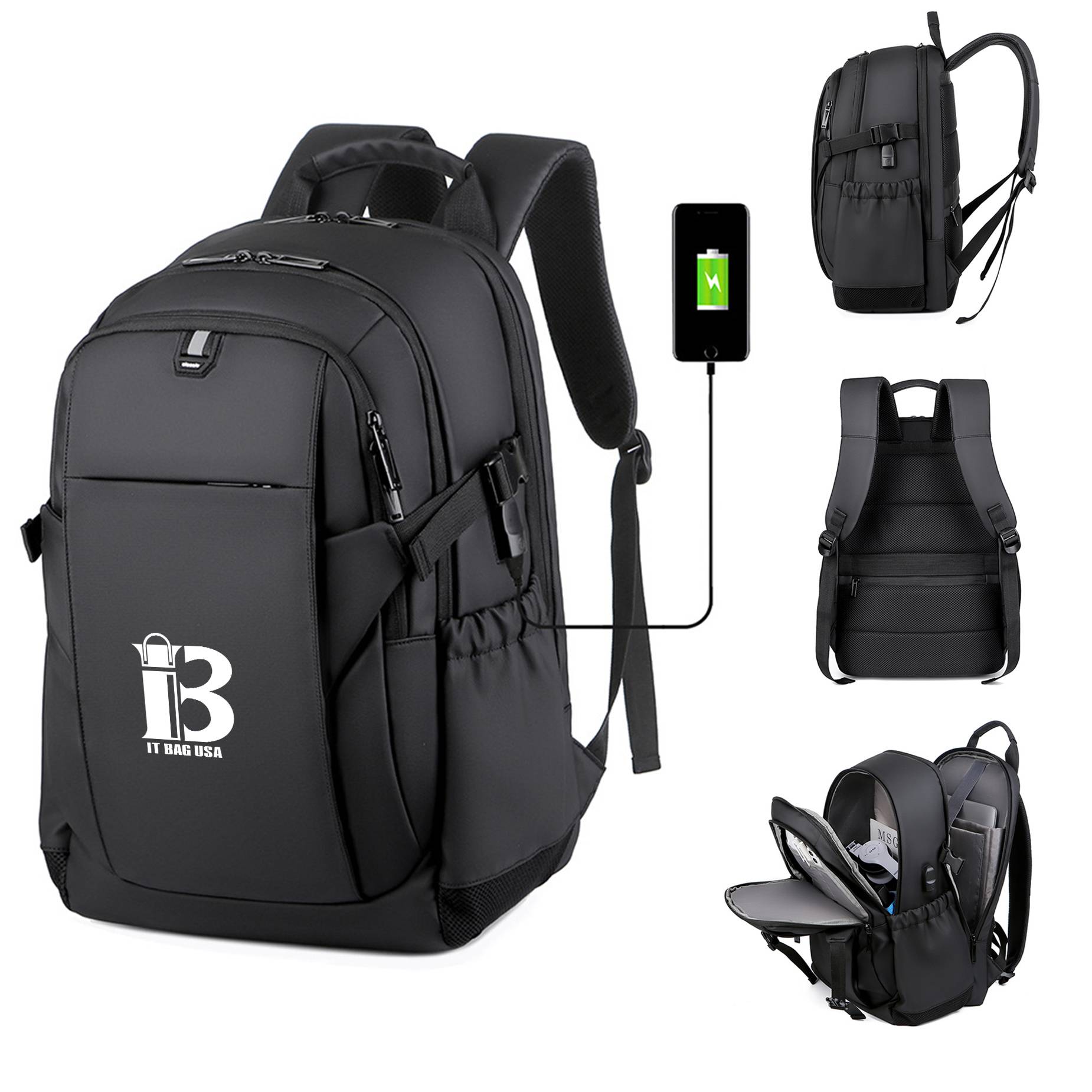 USB Nylon Waterproof Black Backpack for Men and Women