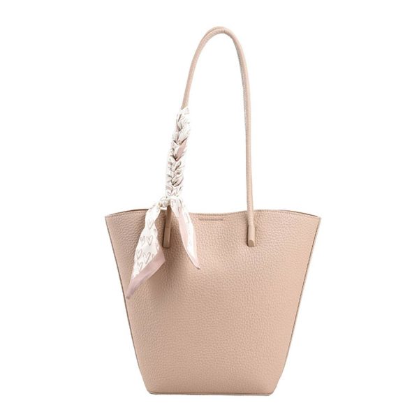 Sophisticated PU Leather Bucket Tote Bag with Silk Scarf