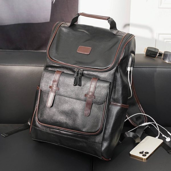 Large-Capacity PU Leather Student Backpack w/ USB Port