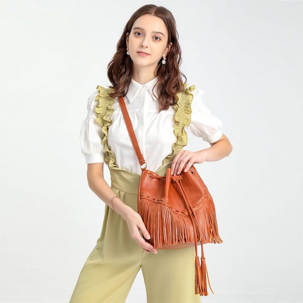 PU Leather Tassel Bucket Crossbody Bag