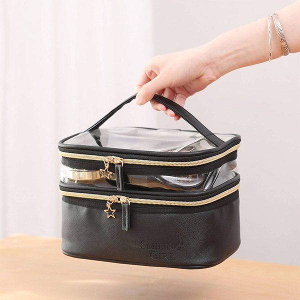 PU Leather Black Double Layer Cosmetic Bag