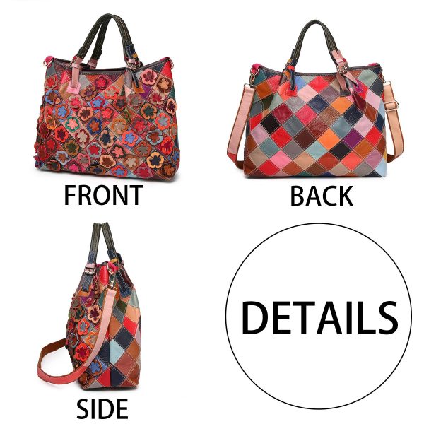 Genuine Leather Colorful flowers hand-paneled plaid tote bag