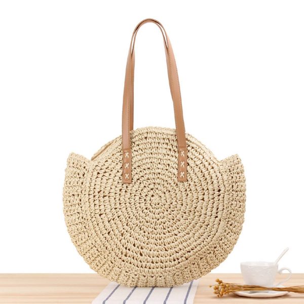 Women Round Hollow Straw Tote Bag