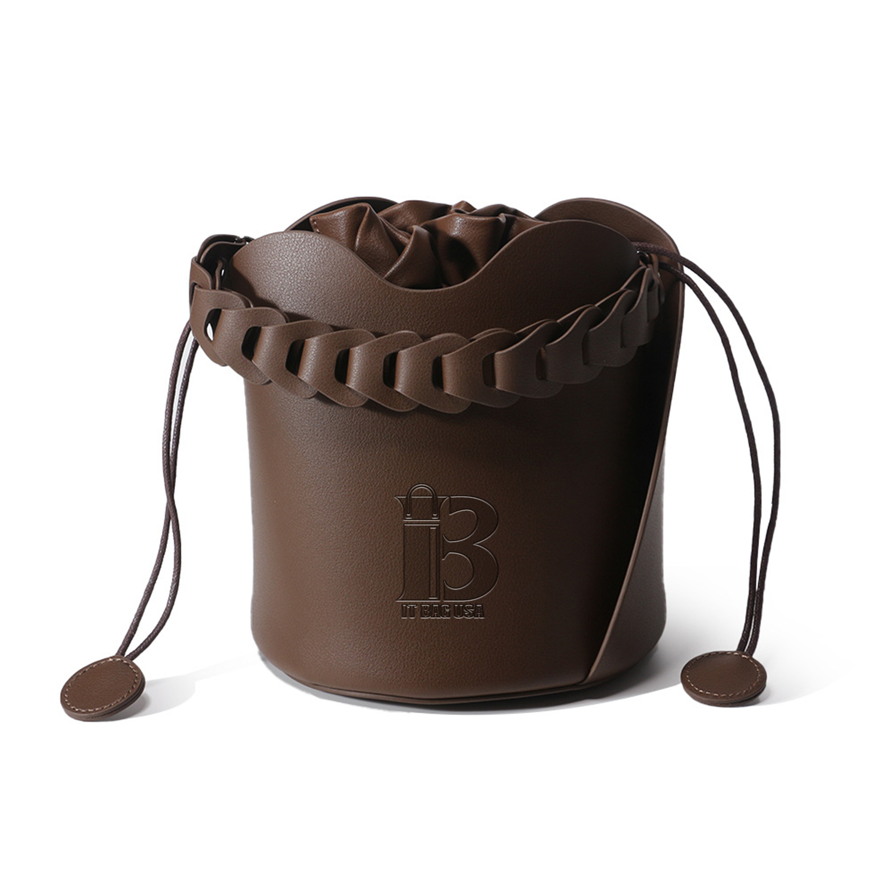 Genuine Leather Ruffled Bucket Cross-body Drawstring Bag