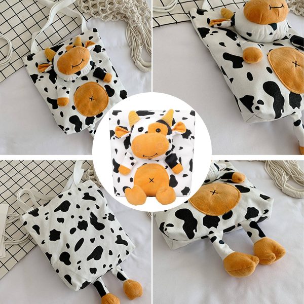 Canvas Cartoon cow large capacity tote bag