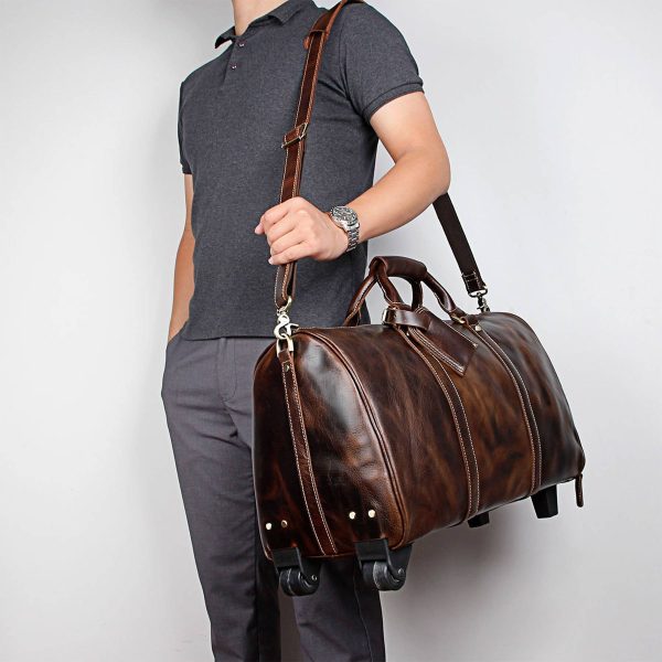 Large Leather Travel Duffel Bag with 2-rolling Spinner Wheel