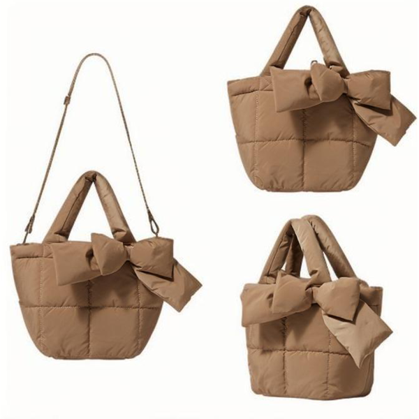 Female Simple Soft Down Bowknot Handbag Tote Bag