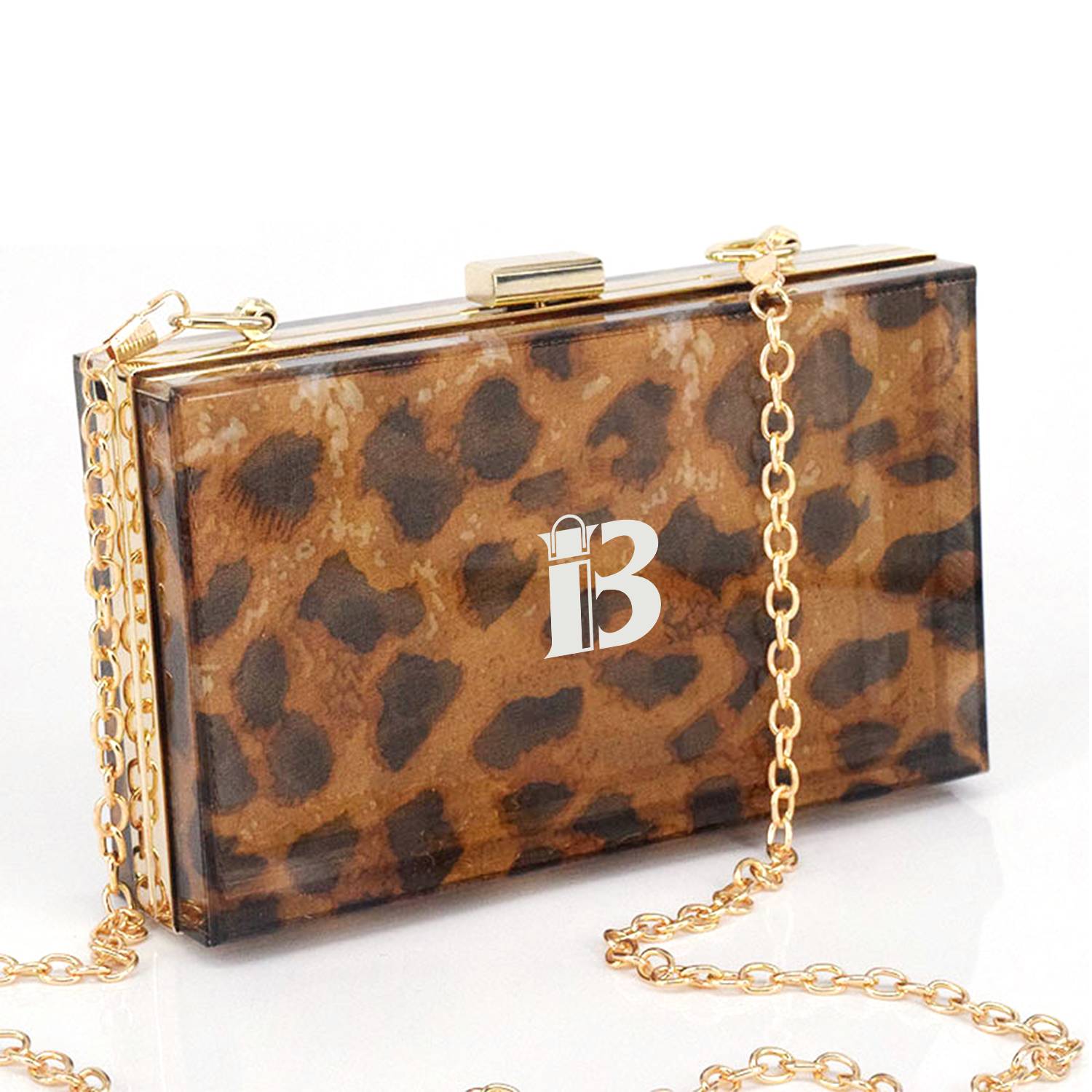 Leopard print acrylic crossbody chain box bag