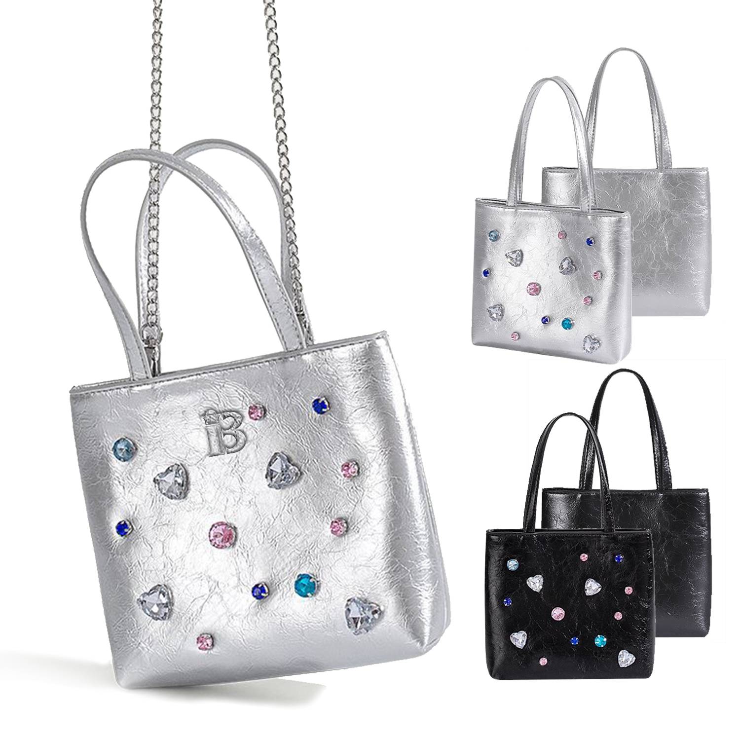 Geniune Leather Crossbody Bag Studded With Shinestones