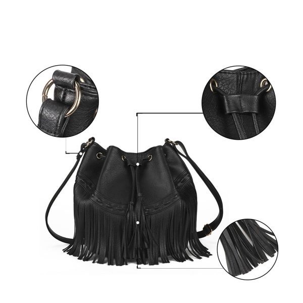 PU leather Drawstring Purse Tassel Crossbody Shoulder Bag