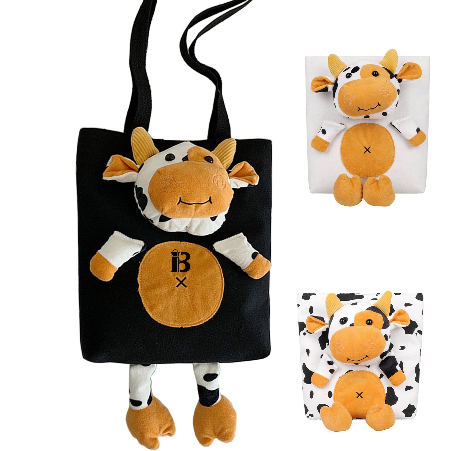 Canvas Cartoon cow large capacity tote bag