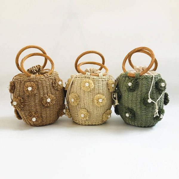 Women Woven Pearl Flower Bucket Tote Bag