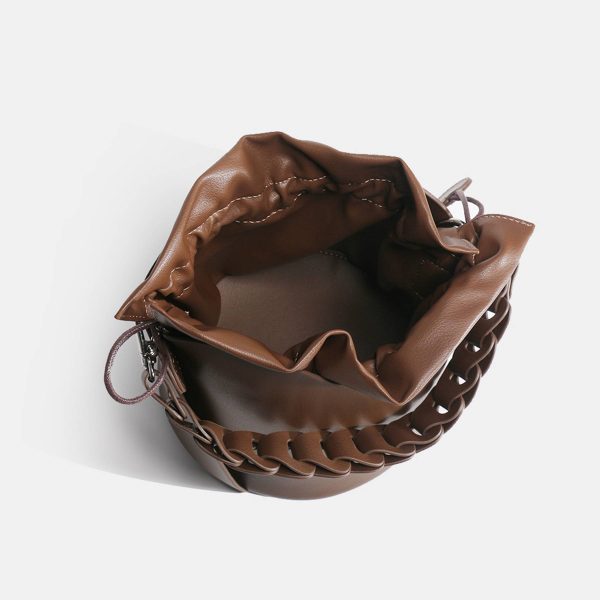 Genuine Leather Ruffled Bucket Cross-body Drawstring Bag