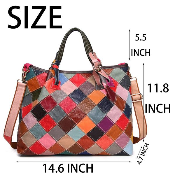 Genuine Leather Colorful flowers hand-paneled plaid tote bag