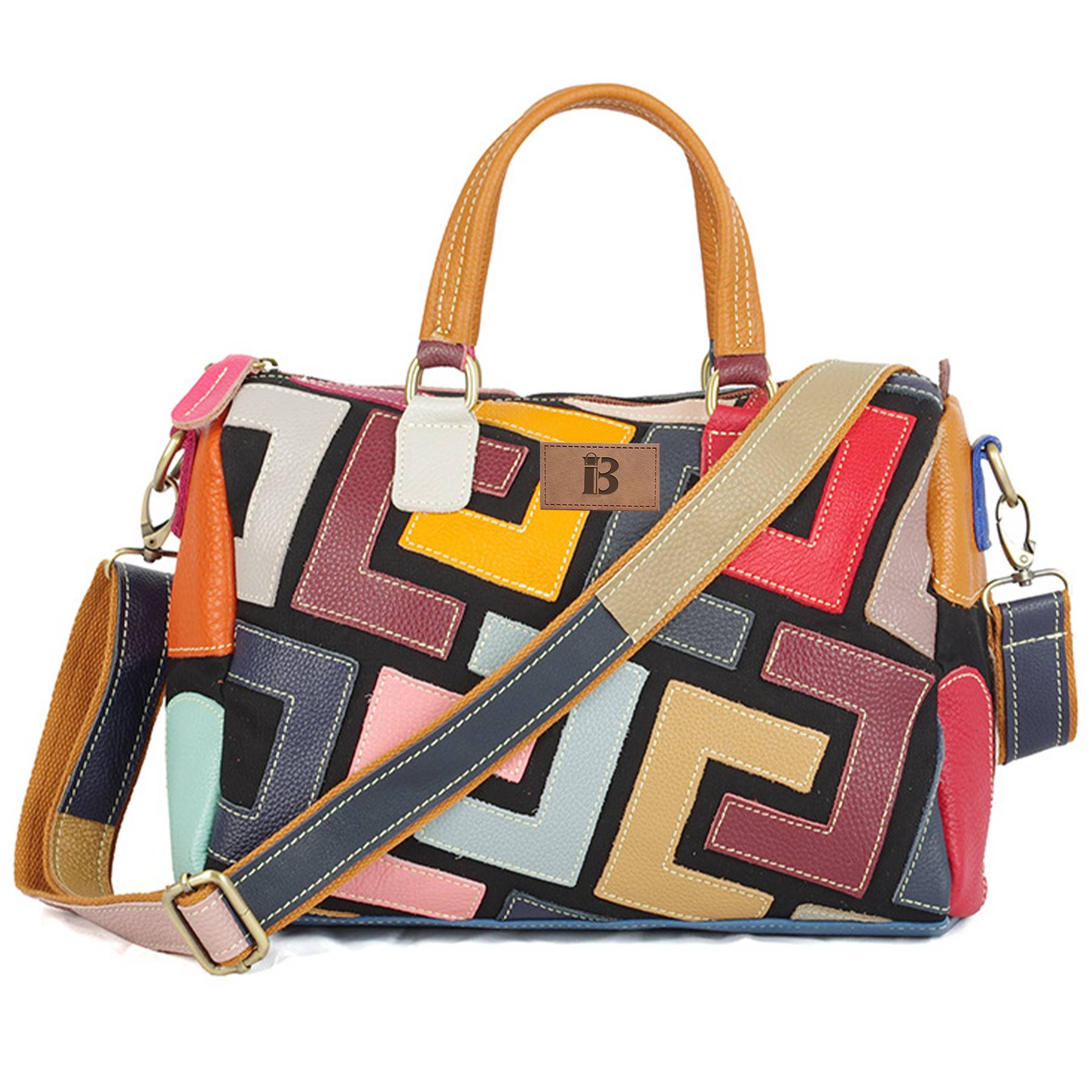 Genuine Leather Geometric colourful contrast cross-body bag