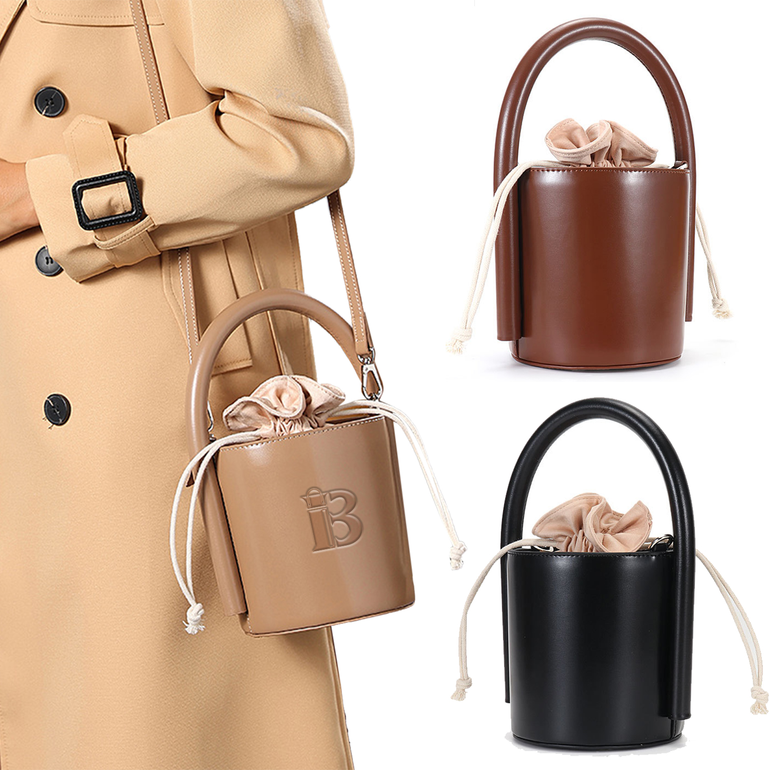 Genuine Leather Cylinder bucket cross-body Drawstring bag
