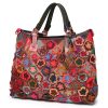 Genuine Leather Colorful flowers hand-paneled plaid tote bag