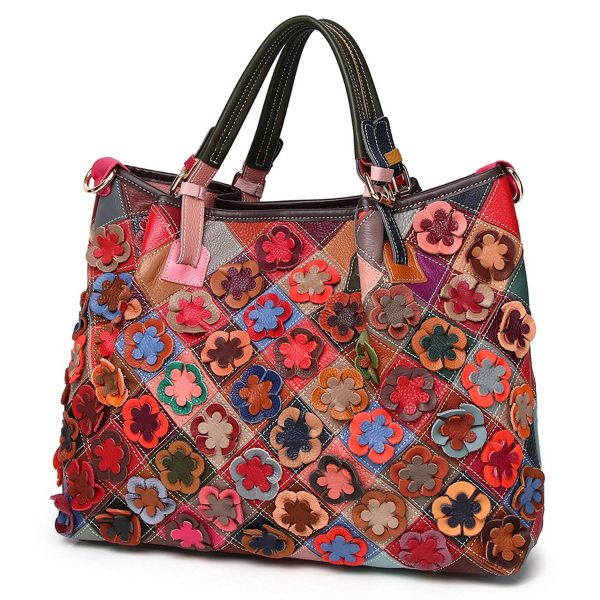 Genuine Leather Colorful flowers hand-paneled plaid tote bag