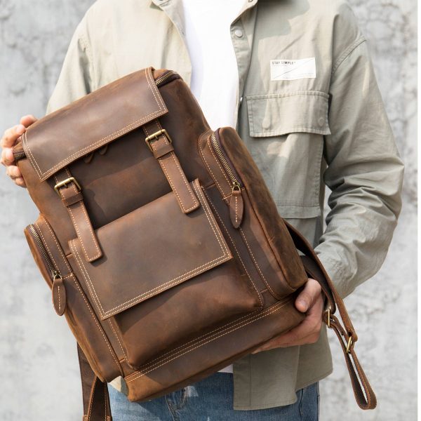 Genuine Leather Crazy Horse Skin Anti-Theft Laptop Backpack