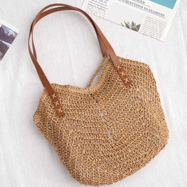 Hand-woven Straw Shoulder Tote Bag For Summer Beach