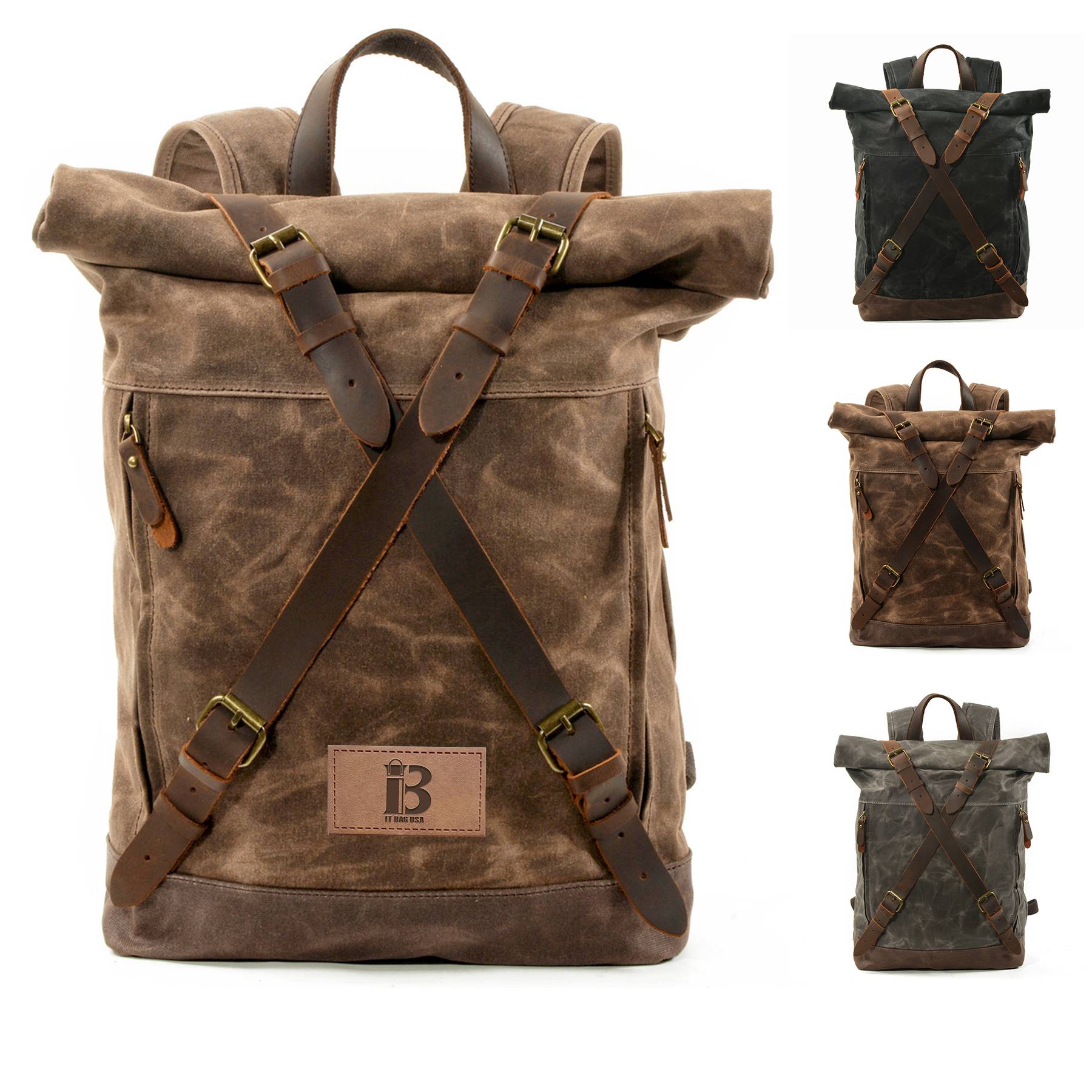 Vintage Canvas Leather Roll On Laptop Backpack Waterproof
