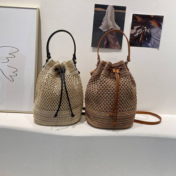 Jute Woven Beach Drawstring Bucket Handbag Crossbody Bag