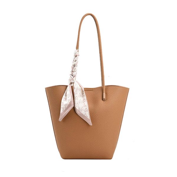 Sophisticated PU Leather Bucket Tote Bag with Silk Scarf