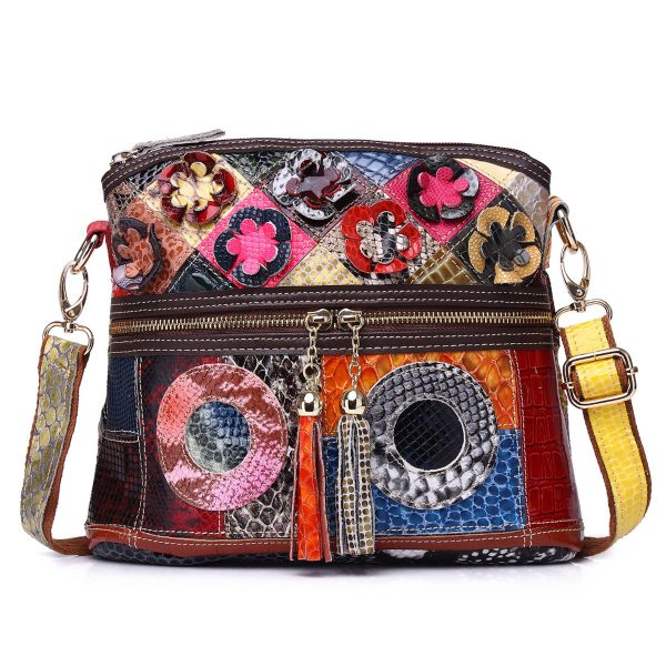 Genuine Leather Contrasting hand-fringed floral paneling bag