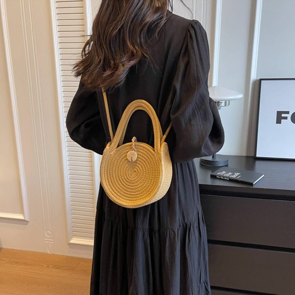 Straw Solid Round Tote Cross-body Bag
