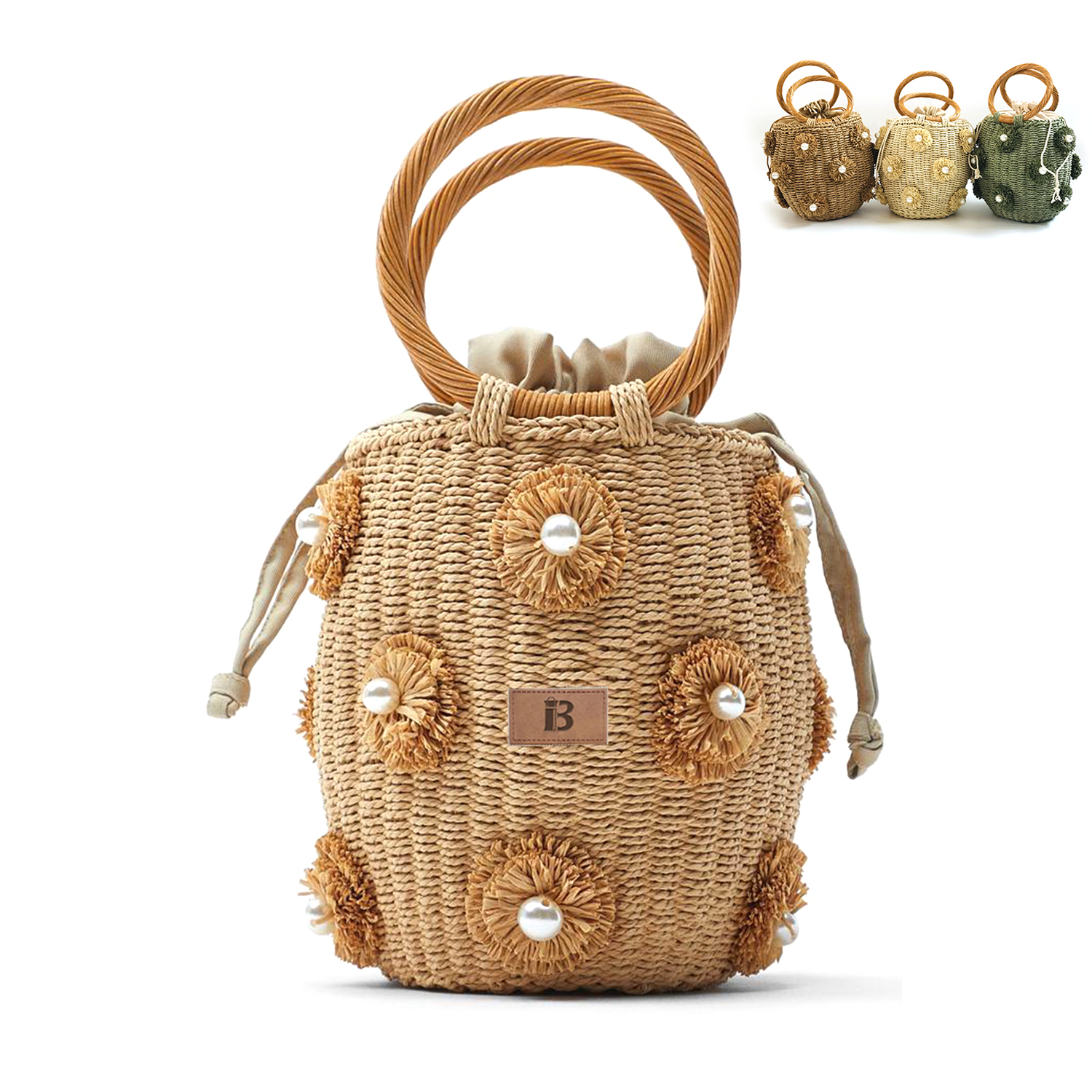 Women Woven Pearl Flower Bucket Tote Bag