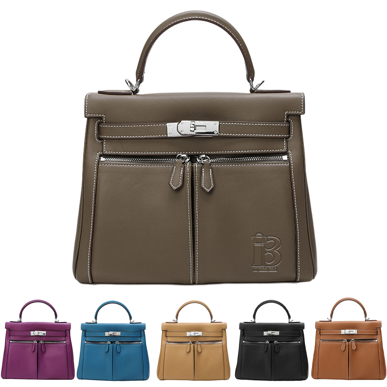 Retro double pocket zipper tote bag handbag