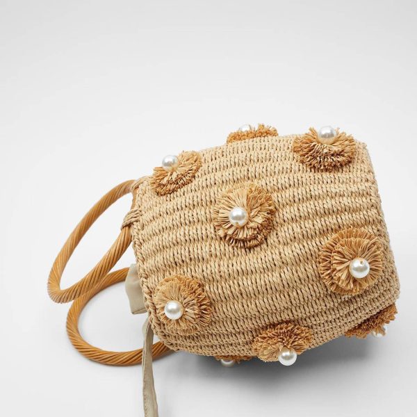 Women Woven Pearl Flower Bucket Tote Bag