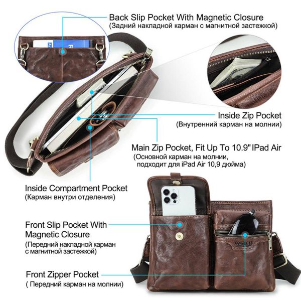 Genuine Leather Waterproof Messenger Multiple Cross-body bag