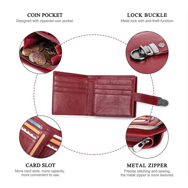 Genuine Leather RFID Small Square Buckle Wallet Women Red