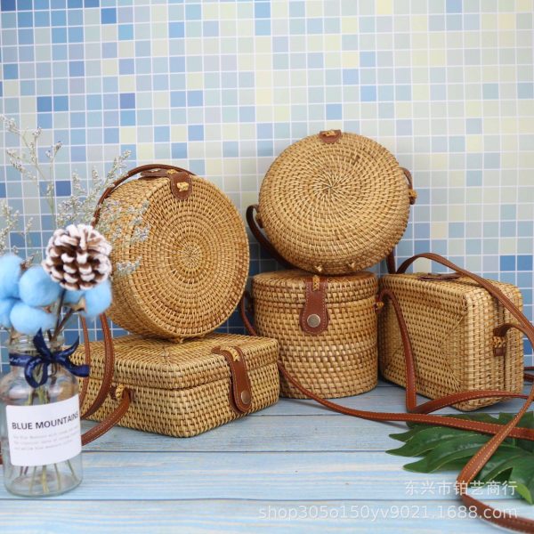 Fashion Rattan Woven Bucket Crossbody Bag