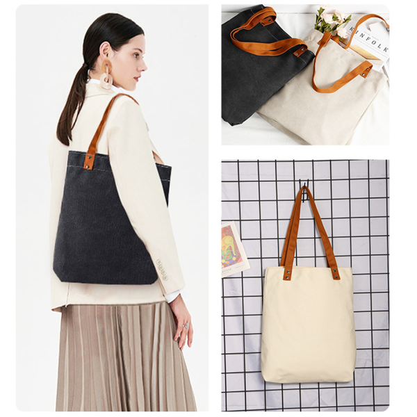 Canvas Tote Bag With PU Leather Handles