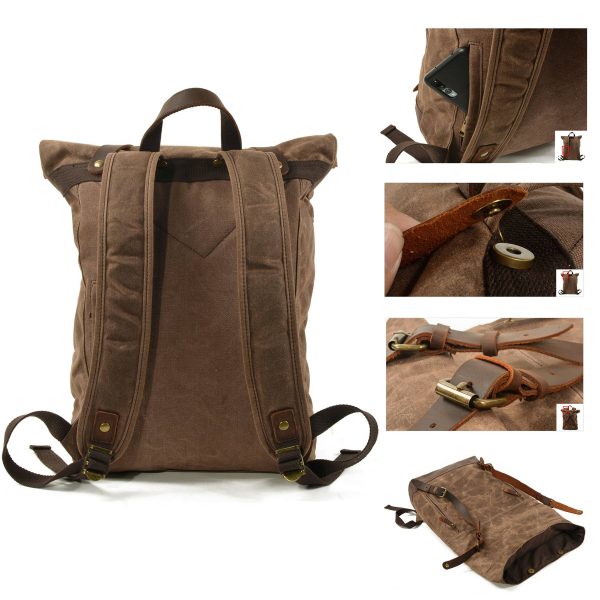 Vintage Canvas Leather Roll On Laptop Backpack Waterproof