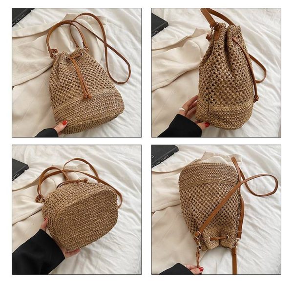 Jute Woven Beach Drawstring Bucket Handbag Crossbody Bag