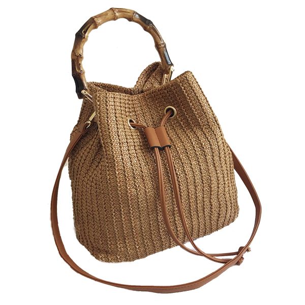 Jute Crossbody Bag Bucket Handbags With Bamboo Handle