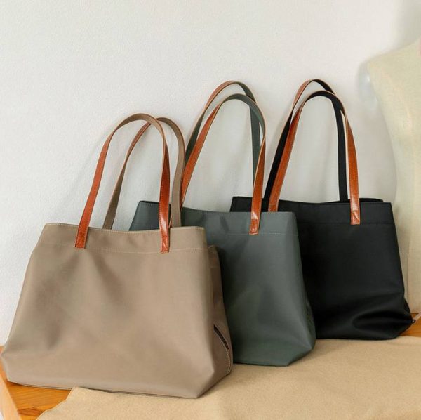 Leather Nylon Shoulder Tote Bag