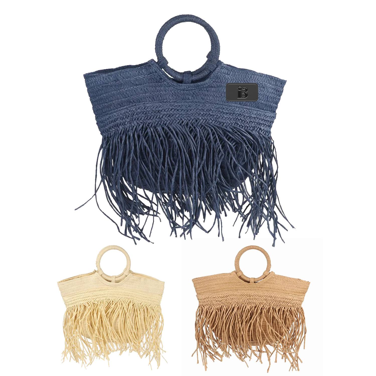 Natural Straw Bag Hand Woven Round Handle Handbags Retro