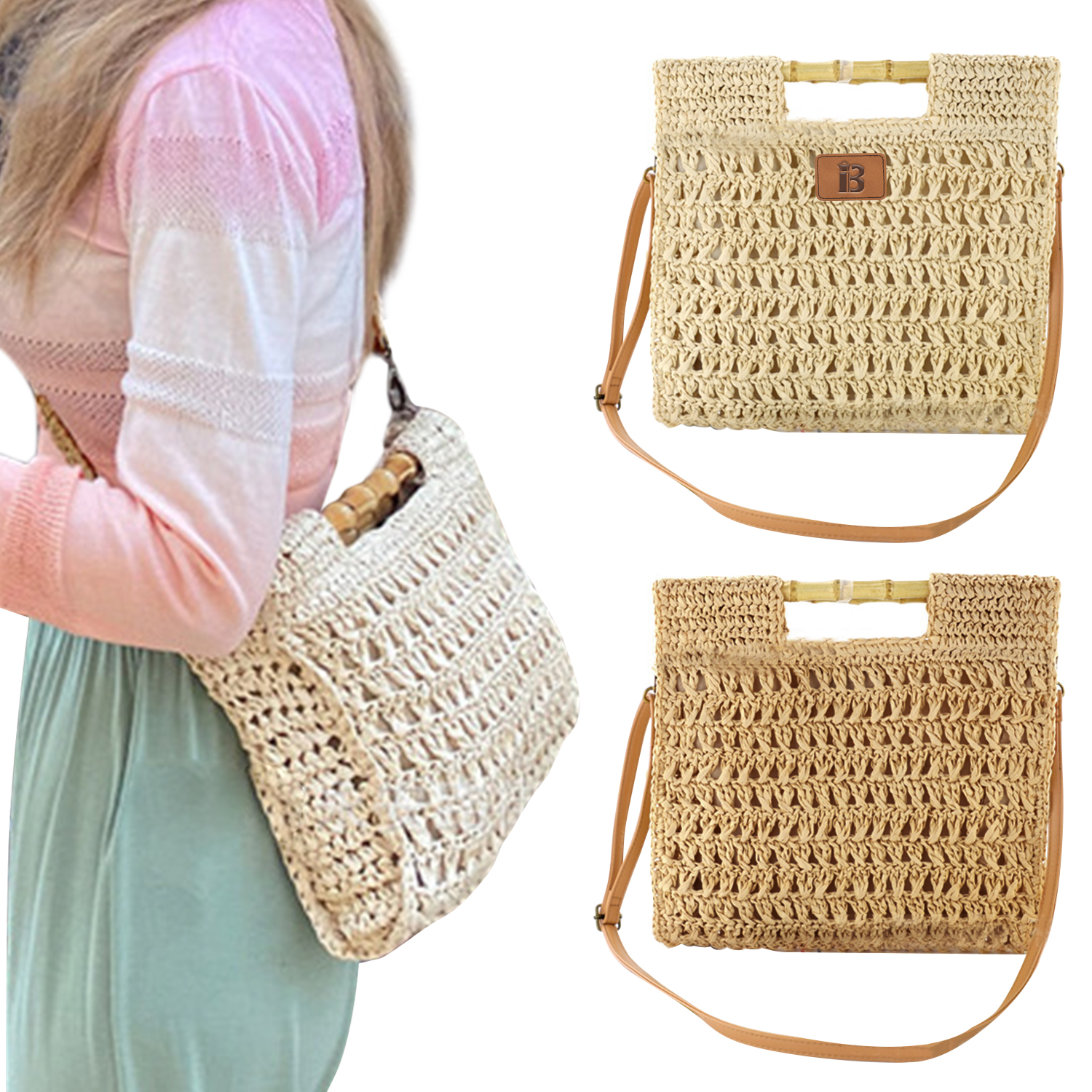 Jute Straw Beach Bamboo Top Handle Handbag Crossbody Bag