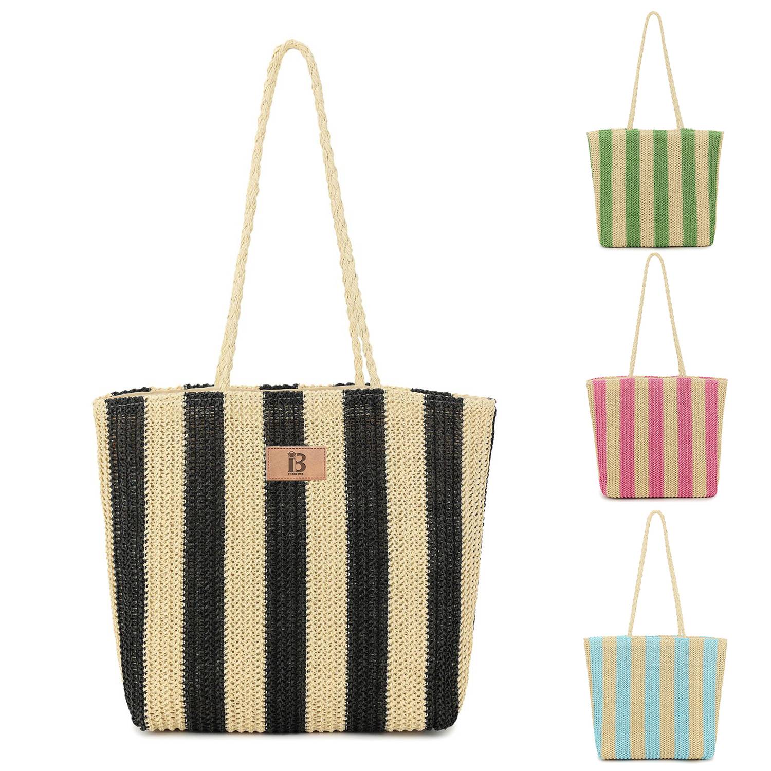 Women Beach Straw Striped Tote Bag