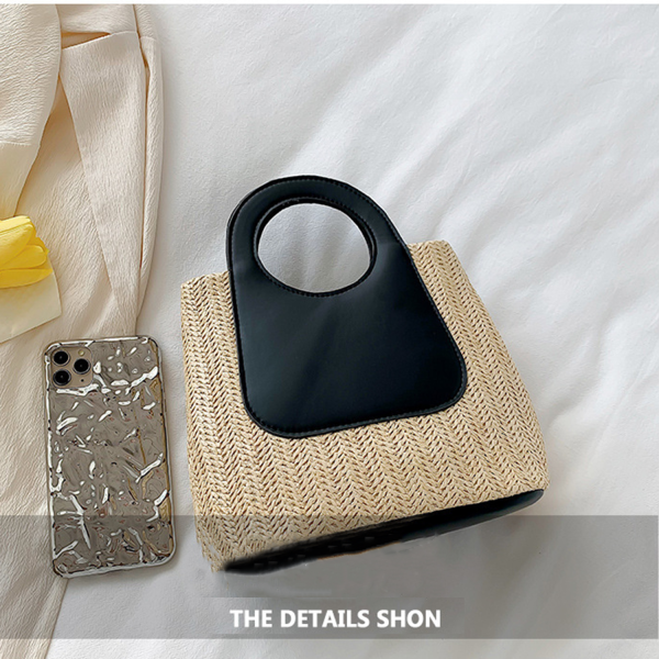 Retro color-blocking spliced straw bag